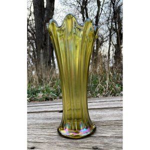 Vintage Green Carnival Glass Stretch Swung Vase 8.5"